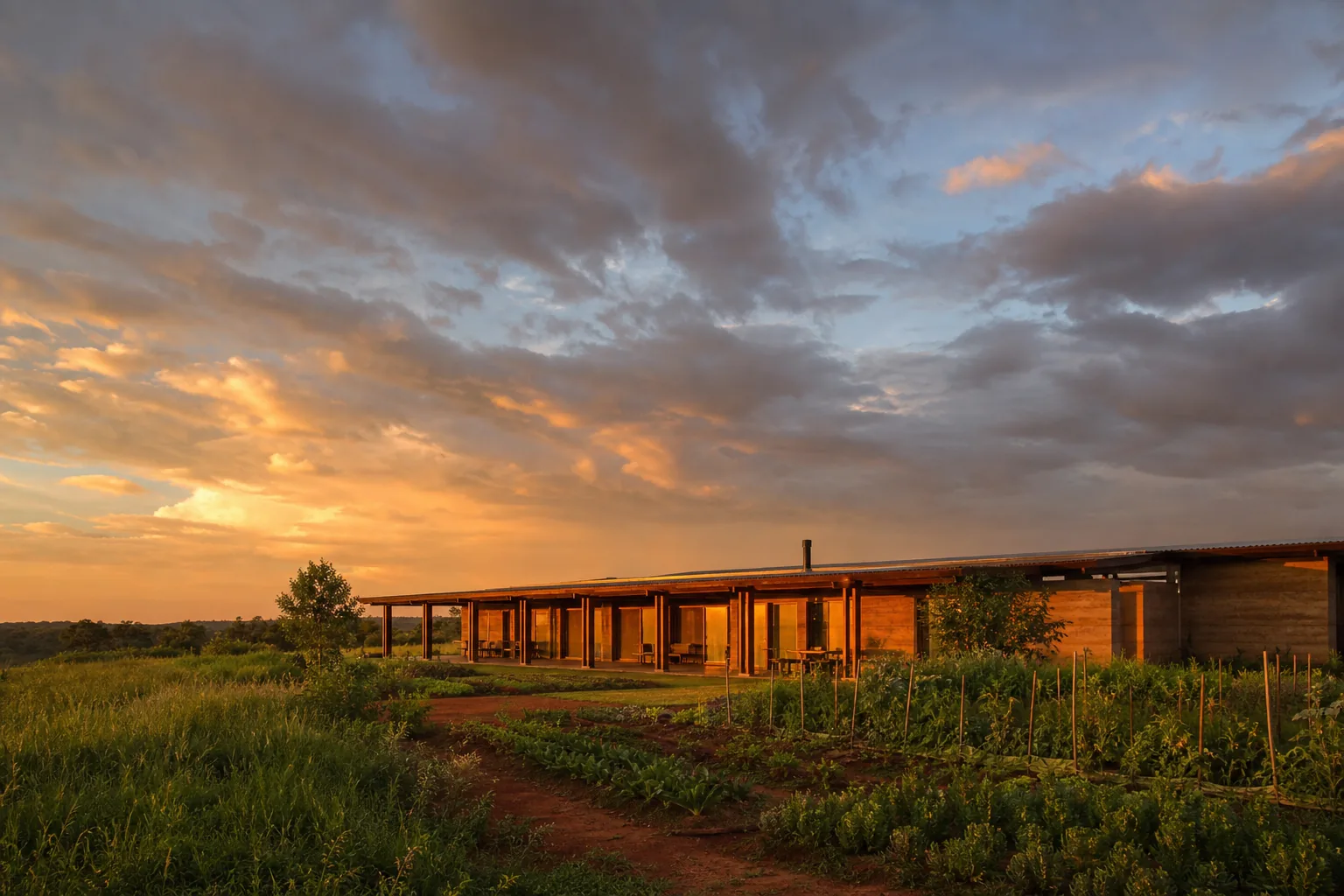 Fazenda fictícia contemporânea sob grande céu no cerrado